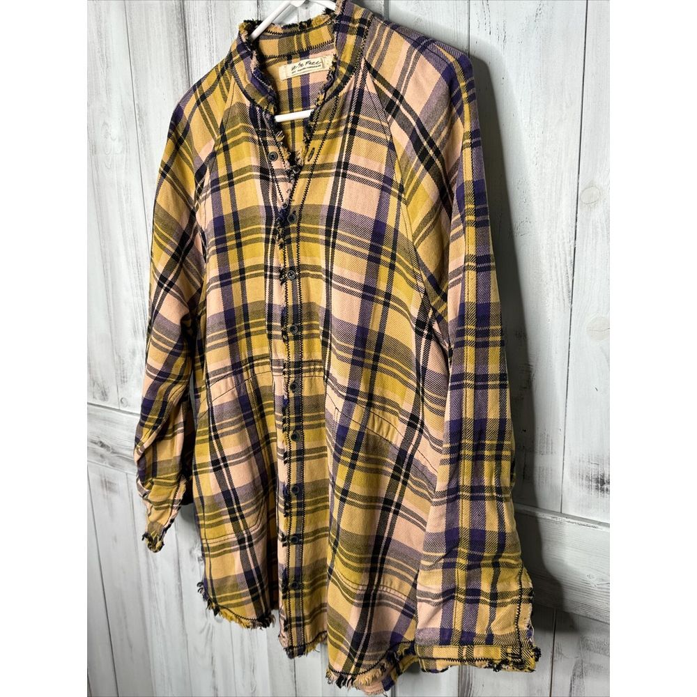 WE THE FREE PEOPLE SUMMER DAYDREAM YELLOW PLAID OVERSIZE BUTTON UP TUNIC SHIRT S - Picture 4 of 16